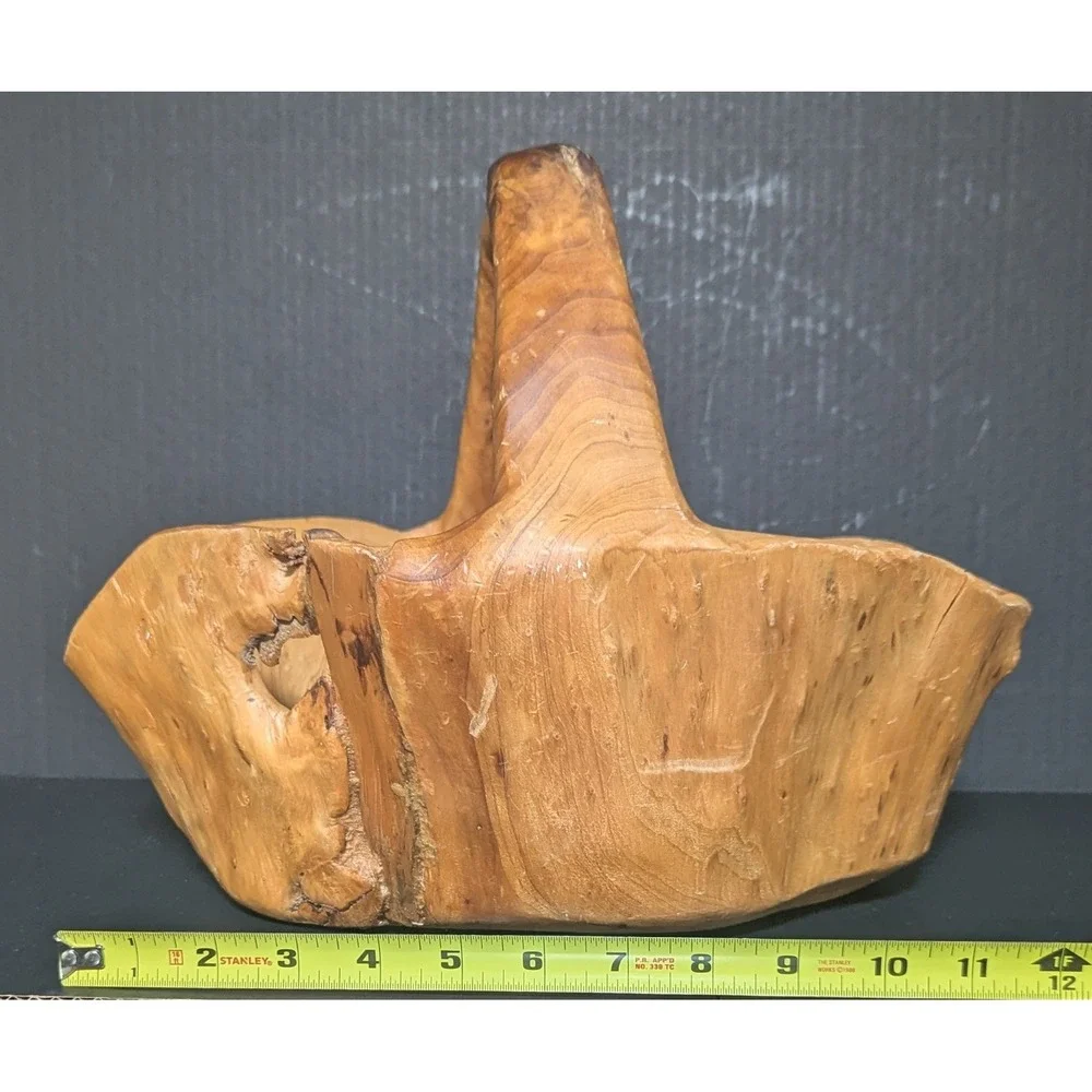 Vintage Hand Carved Burl Wood Rustic Wooden Basket with Handle So Much Character